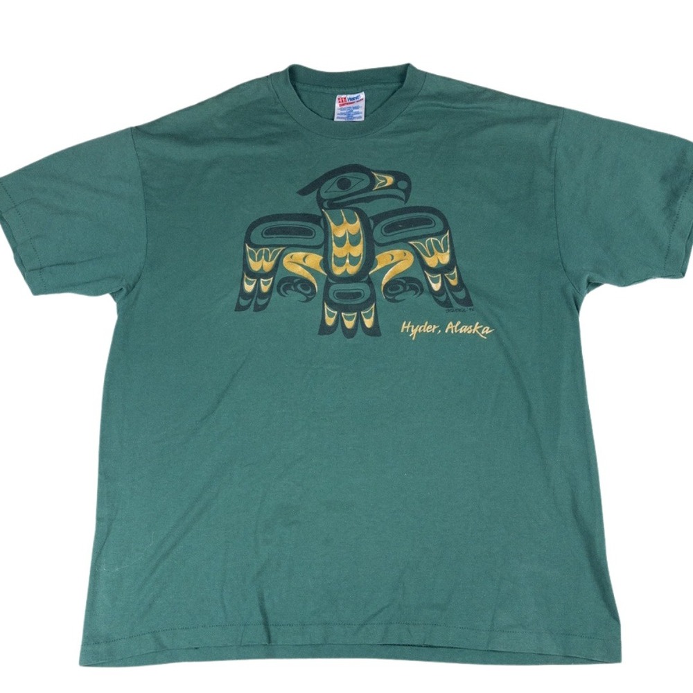 Vintage Single Stitch Alaska Tee XL Green Hyder Thunderbird Totem 92 Bender PNW